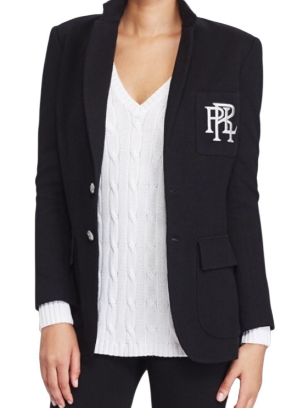 POLO RALPH LAUREN Knit Cotton Blazer Black Women's 10 Preppy Embroidered Logo